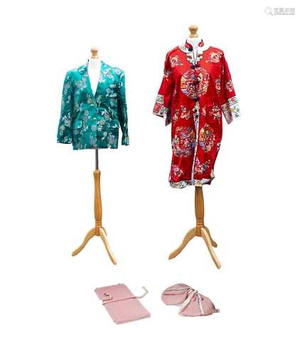 A Chinese red silk embroidered robe, length 104cm, width 128cm, a Chinese emerald green silk