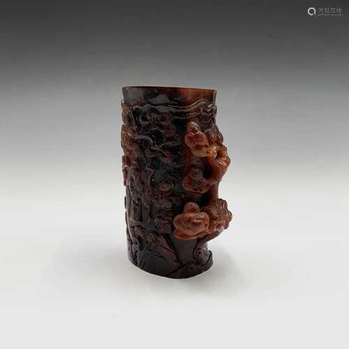 A Chinese carved horn brush pot, height 11.5cm.