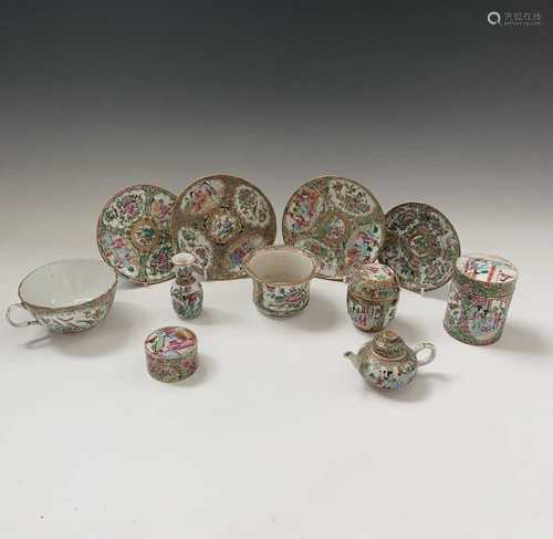 Eleven Chinese canton items, 19th century, to include three jars, miniature vase, teapot,