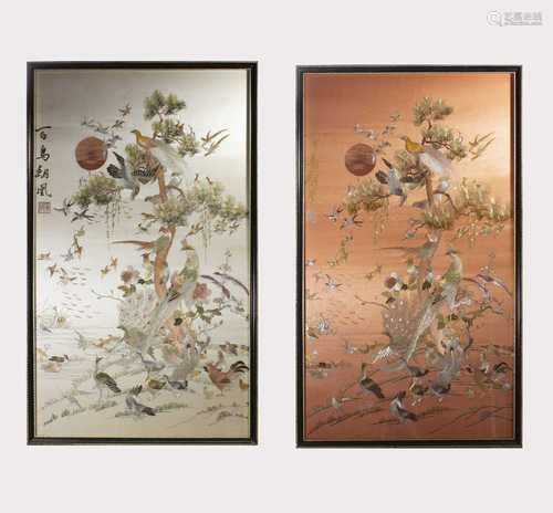 Two Chinese silk embroidered pictures, mid-late 20th century, each with a tree and exotic birds,