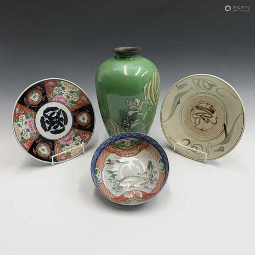 A Ming provincial pottery dish, diameter 25cm, a Japanese Imari dish and bowl and a Japanese