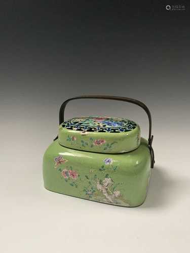 A Chinese enamel hand warmer, early 20th century, with brass handle, the pierced cover with