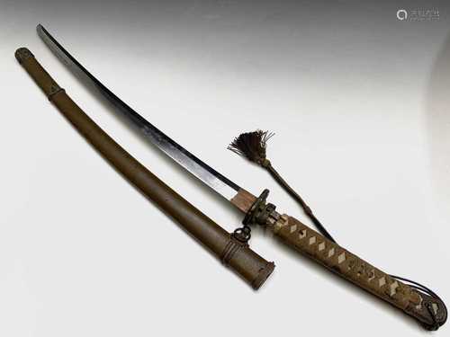 A Japanese WWII Katana sword, handle signed, with steel blade and tsuba, shagreen handle covered