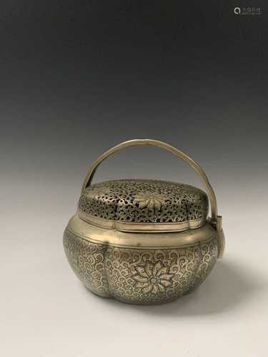 A Chinese bronze hand warmer, Qing Dynasty, signed Pan Xiangli, the twin handles above a pierced