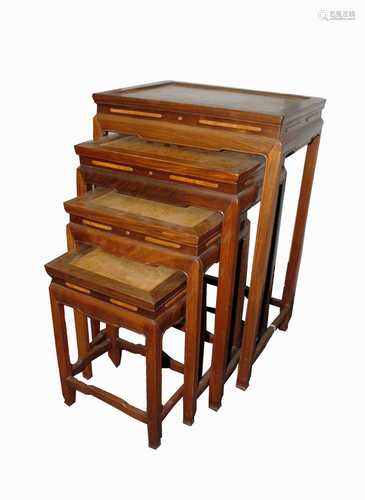 A Chinese hardwood quartetto of tables, with burl wood rectangular tops on legs of square section,