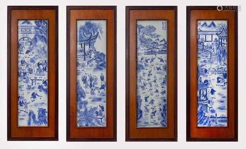 A set of four Chinese blue and white porcelain plaques, Republic Period, painted with scenes of “