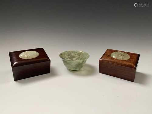 A pair of Chinese wooden boxes, each mounted with floral carved jade panels, height 5.5cm, length