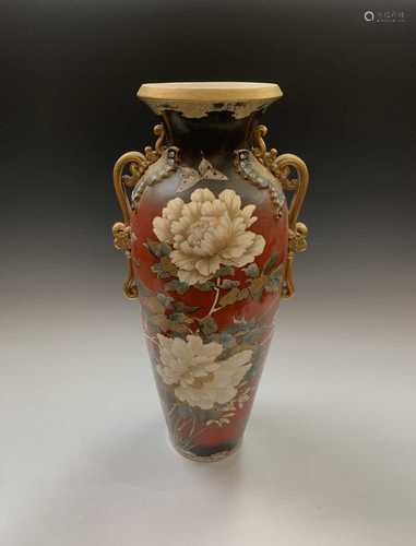 A large Japanese Satsuma vase, Meiji Period, with a pair of gilt decorated and butterfly moulded