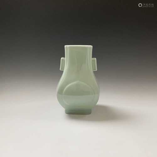 A Chinese celadon hu-form vase, Guangxu Period, with square section lug handles, six character marks