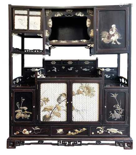 A Japanese hardwood and ivory shodana, Meiji Period, by Shoso Kosen, bearing two character signature