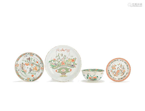 A group of three famille verte floral dishes and a 'fruit and flowerspray' bowl Kangxi