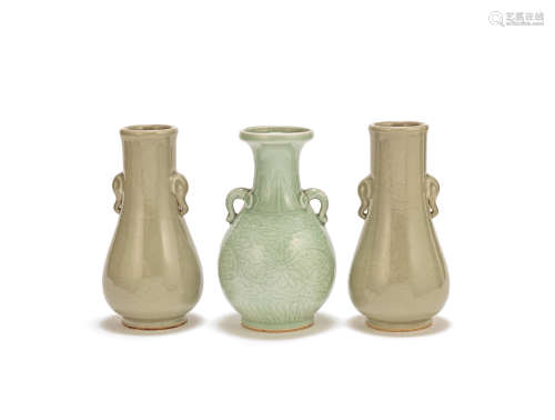 A group of three carved celadon-glazed vases Qianlong seal marks and Yongzheng six-character mark, Late Qing Dynasty/Republic
