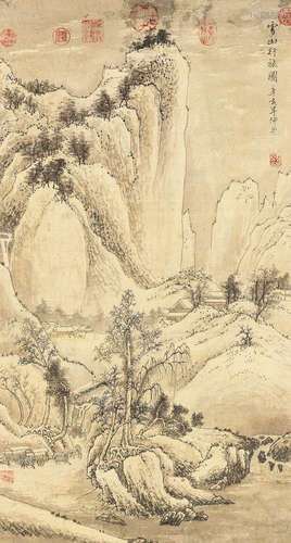 A painting of mountains in the snow