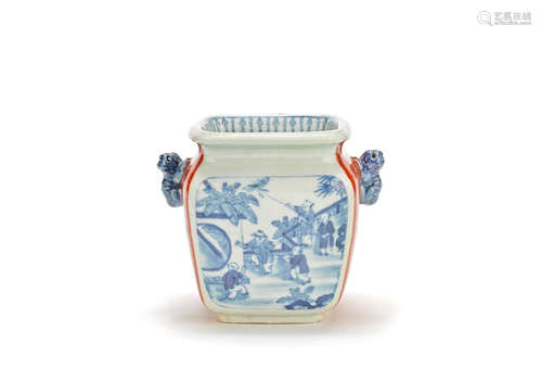 An underglaze blue and coral red square jar 19th century