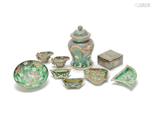 A group of famille verte biscuit wares Kangxi