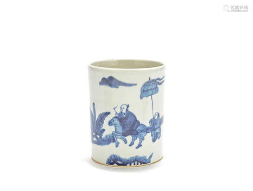 A blue and white cylindrical brushpot, bitong Qianlong six-character mark, late Qing Dynasty