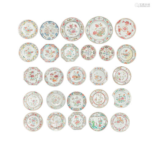 A varied group of twenty-six famille rose export plates 18th century