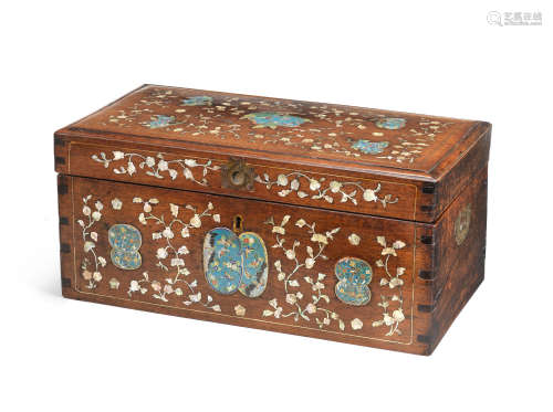 A mother-of-pearl and cloisonné-enamel inlaid hongmu 'sanduo' hinged box and cover Late Qing Dynasty