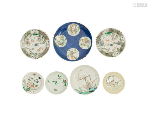 A group of seven famille verte dishes Kangxi