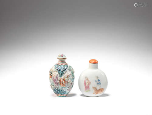 A famille rose figural snuff bottle and a famille rose moulded snuff bottle Iron red Daoguang and Jiaqing seal marks and probably of the periods