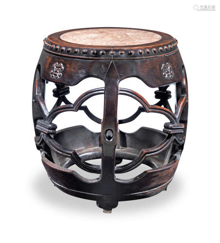 A marble-inset hongmu 'barrel' stool 19th century