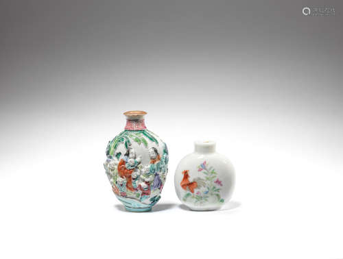 Two famille-rose snuff bottles Daoguang seal mark and of the period and Qianlong seal mark, late Qing Dynasty