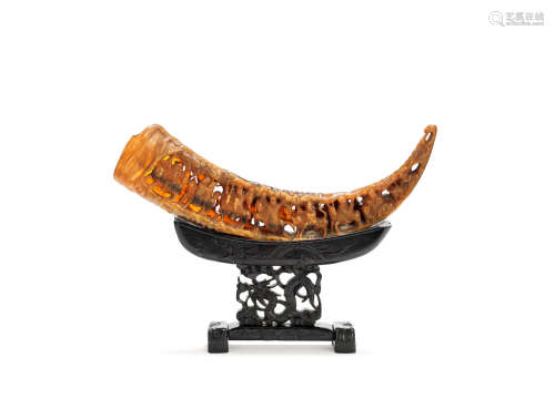A large carved and reticulated buffalo horn 19th century