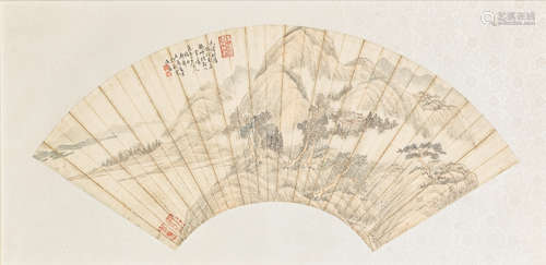 Wang Daosheng (active 1840-1908) Fan painting of a Mountain Landscape, dated to the Guangxu Reign