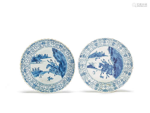 A pair of blue and white 'hunting' dishes Chenghua four-character marks, Kangxi