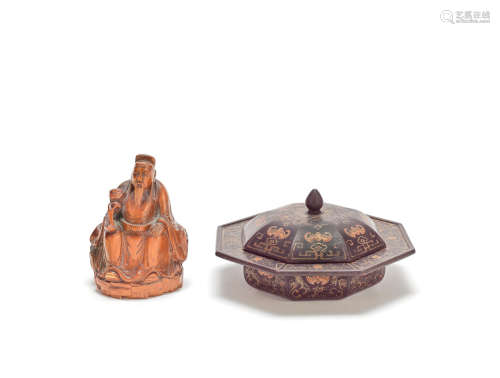 A carved boxwood figure and a painted lacquer box and cover Late Qing Dynasty