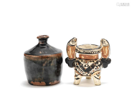 A Cizhou incense burner and a Henan black and russet glazed bottle Jin/Yuan Dynasty