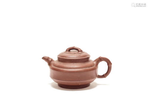 A purple-clay Yixing 'bamboo' Teapot and Cover Impressed mark of Zhu Kexin