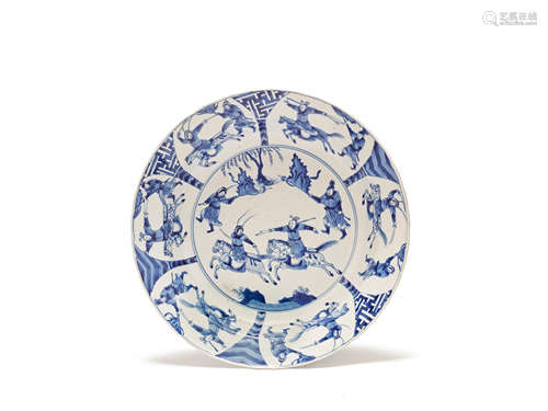 A blue and white 'hunting' dish Chenghua six-character mark, Kangxi