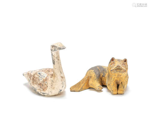 A rare painted pottery model of a wild duck and a painted pottery model of a fox Han Dynasty