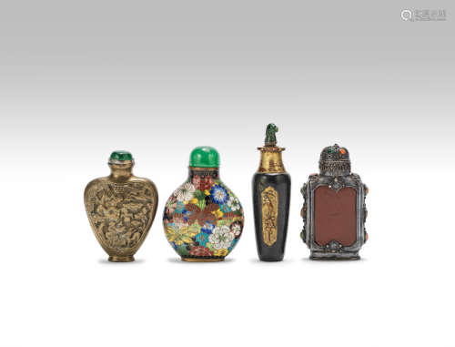 Four various metal and cloisonné enamel snuff bottles Qing Dynasty and later