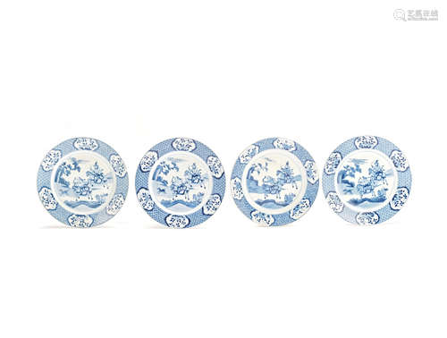 Four blue and white 'Hunting' dishes Late Qing Dynasty