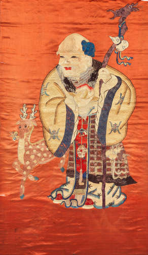 An embroidered silk 'Shoulao' scroll Late Qing Dynasty