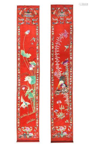 A pair of embroidered silk 'birds and flowers' scrolls Republic Period
