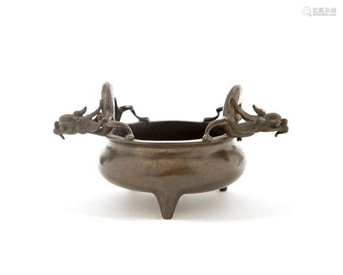 A bronze 'dragon-handled' tripod incense burner Xuande mark, Late Qing Dynasty