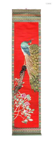 A silk embroidered scroll of a peacock Republic Period