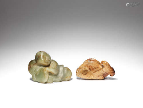 A jade 'carp' snuff bottle and a jade 'boy carving' Qing Dynasty