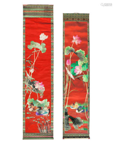Two silk embroidered scrolls of mandarin ducks Republic Period