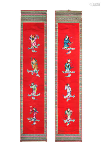 A pair of embroidered silk 'Eight Immortals' scrolls Republic Period