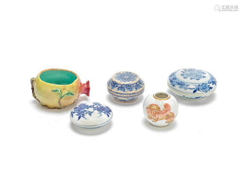 Five porcelain 'scholar's table' seal-paste boxes and water pots Qing Dynasty