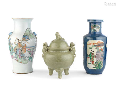 Two enamelled vases and an incense burner and cover Late Qing Dynasty/Republic Period