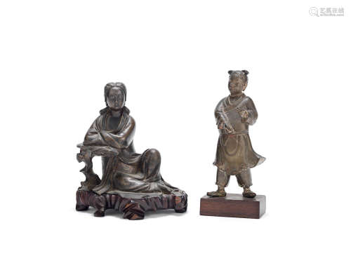 A brass-alloy figure of a boy and a bronze alloy figure of Guanyin Qing Dynasty