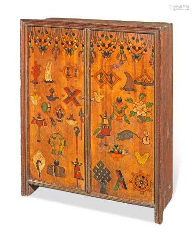 A rare painted wood 'Buddhist emblems' cabinet, yangam Tibet, early 20th century