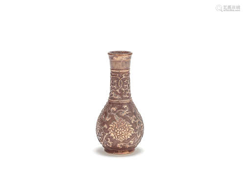 A coppered bronze miniature 'lotus' vase 17th century