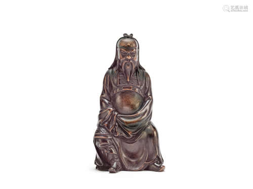 A copper-inlaid bronze figure of Guandi Shisou mark, 20th century