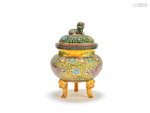 A famille verte biscuit tripod incense burner and reticulated cover Kangxi seal mark, late Qing/Republic Period